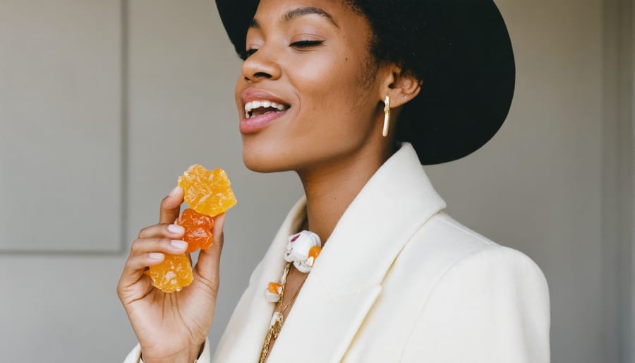 Person stylishly enjoying freeze-dried candies as part of a fashion-forward diet.