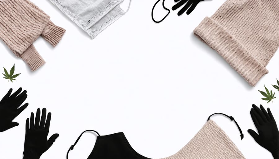 Flat lay arrangement of CBD-infused fashion accessories and wellness items