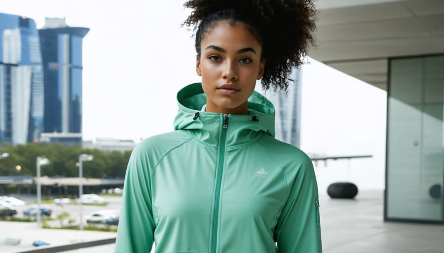 Model wearing CBD-infused athletic wear demonstrating smart textile technology