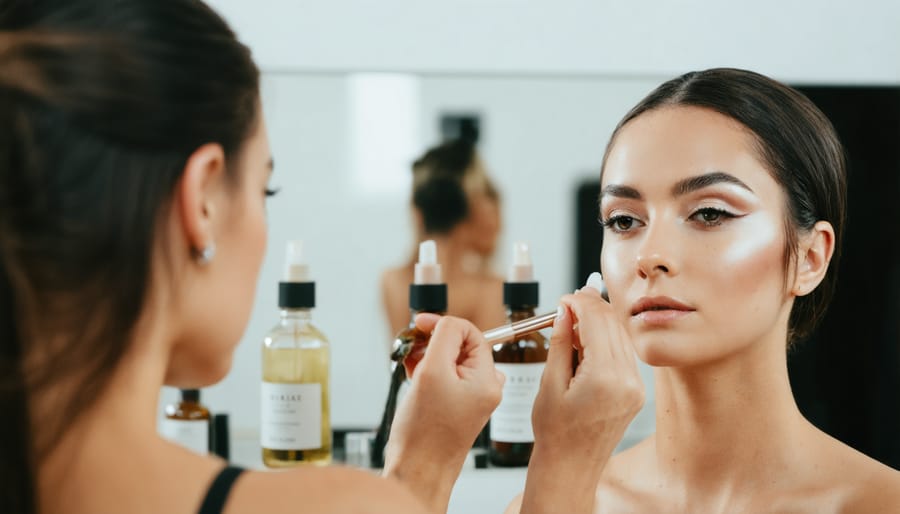 Makeup artist applying CBD beauty products on model backstage at fashion week